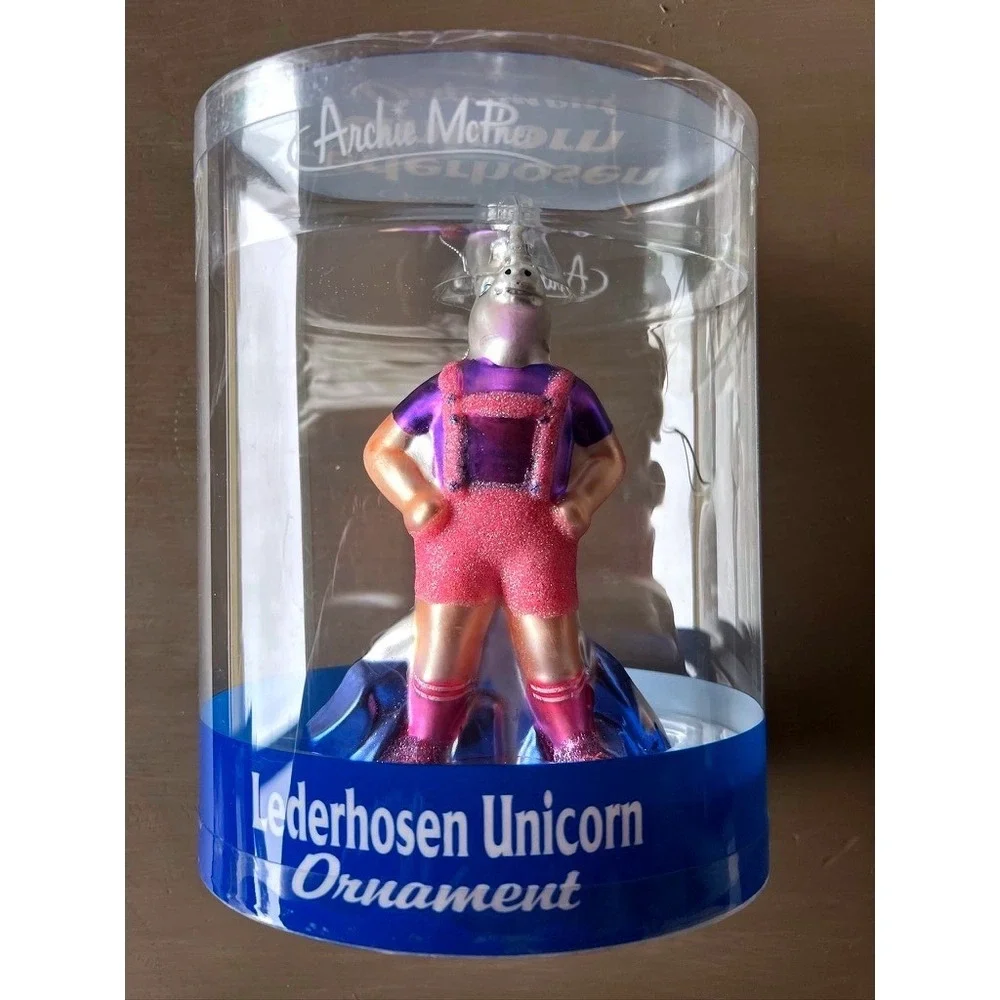 Lederhosen Unicorn Ornament Archie McPhee Pink Purple Glass Glitter Weird‎ Xmas